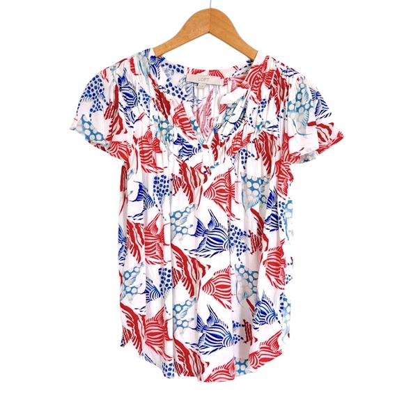 LOFT Fish Shirred V-Yoke Mixed Media Top - Picture 4 of 4